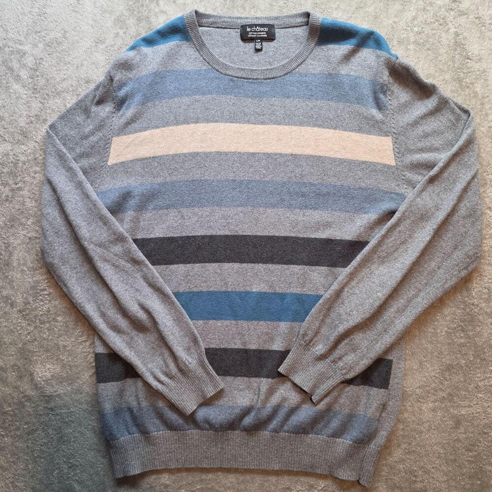 Le Chateau Sweater Mens L Gray Stripe Cotton Cashmere Crew Neck Knit Pullover